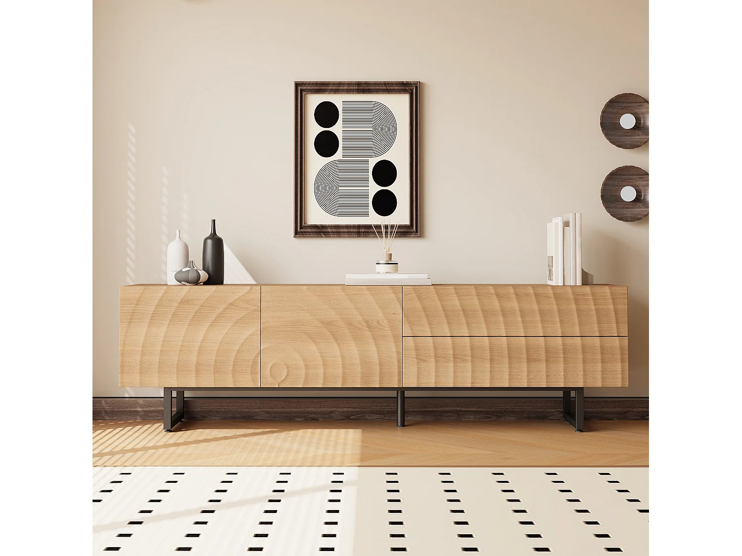 Modern tv-meubel - 180 x 38 x 51,5 cm - met 2 deuren + 2 lades - uniek design - 3D-structuur - spaanplaat - naturel