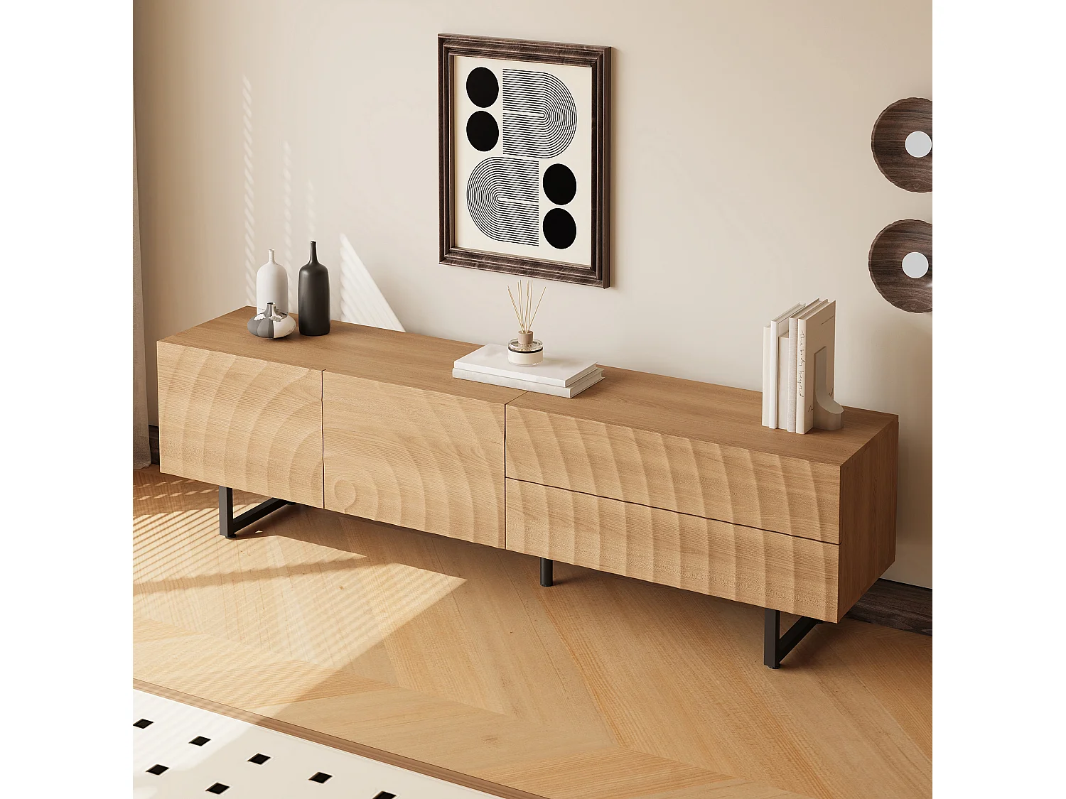 Modern tv-meubel - 180 x 38 x 51,5 cm - met 2 deuren + 2 lades - uniek design - 3D-structuur - spaanplaat - naturel