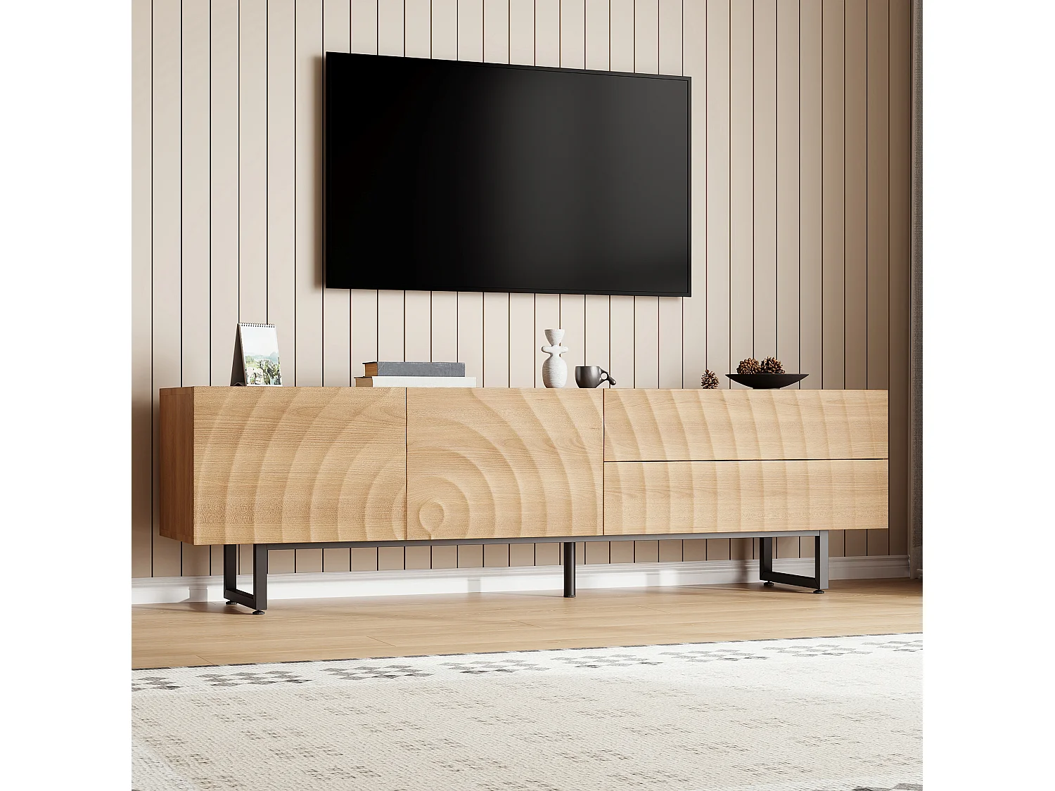Modern tv-meubel - 180 x 38 x 51,5 cm - met 2 deuren + 2 lades - uniek design - 3D-structuur - spaanplaat - naturel