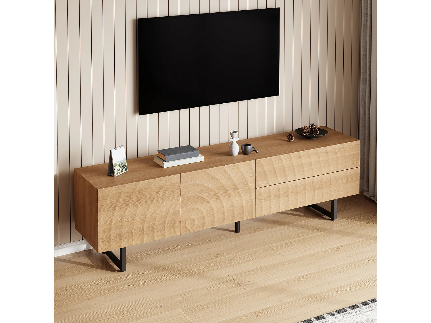 Modern tv-meubel - 180 x 38 x 51,5 cm - met 2 deuren + 2 lades - uniek design - 3D-structuur - spaanplaat - naturel