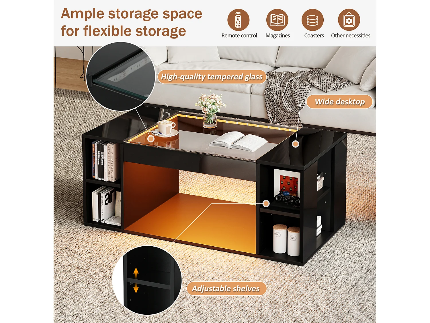 Table basse avec éclairage LED et espace de rangement - table d'appoint - plateau en verre trempé - 100 x 50 x 40 cm