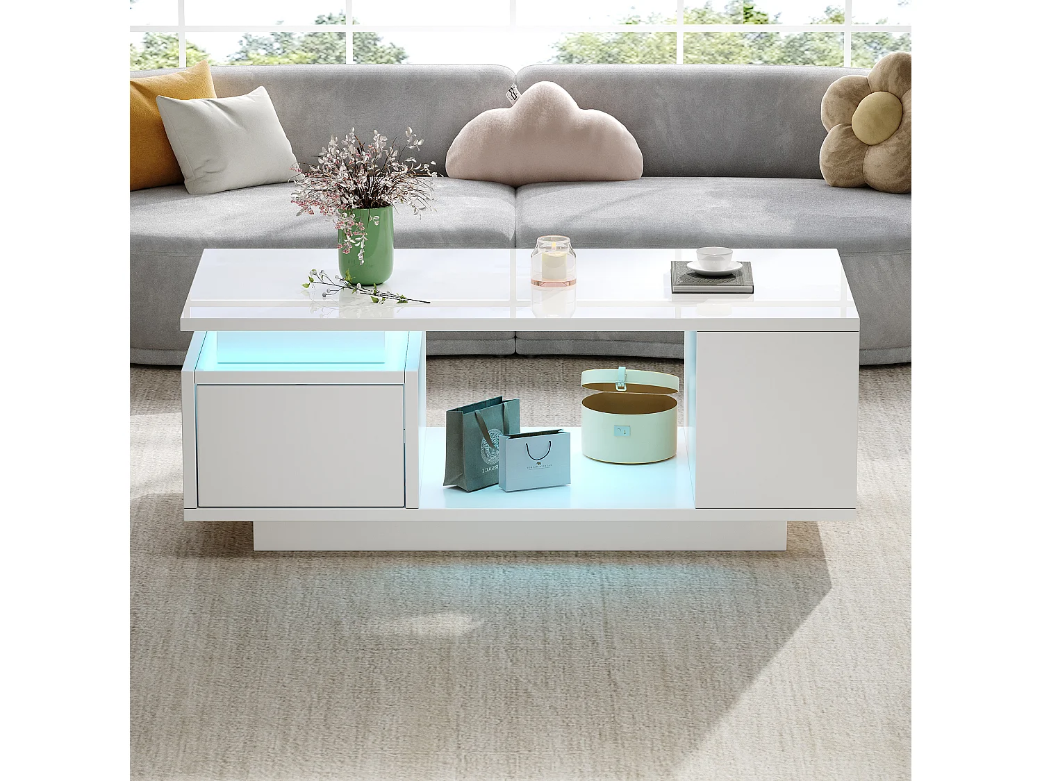 Hochglänzender lackierter Couchtisch 100x50x36 cm - mit LED-Beleuchtung - mit 1 Schublade - mit 4 Staufächern - Weiß