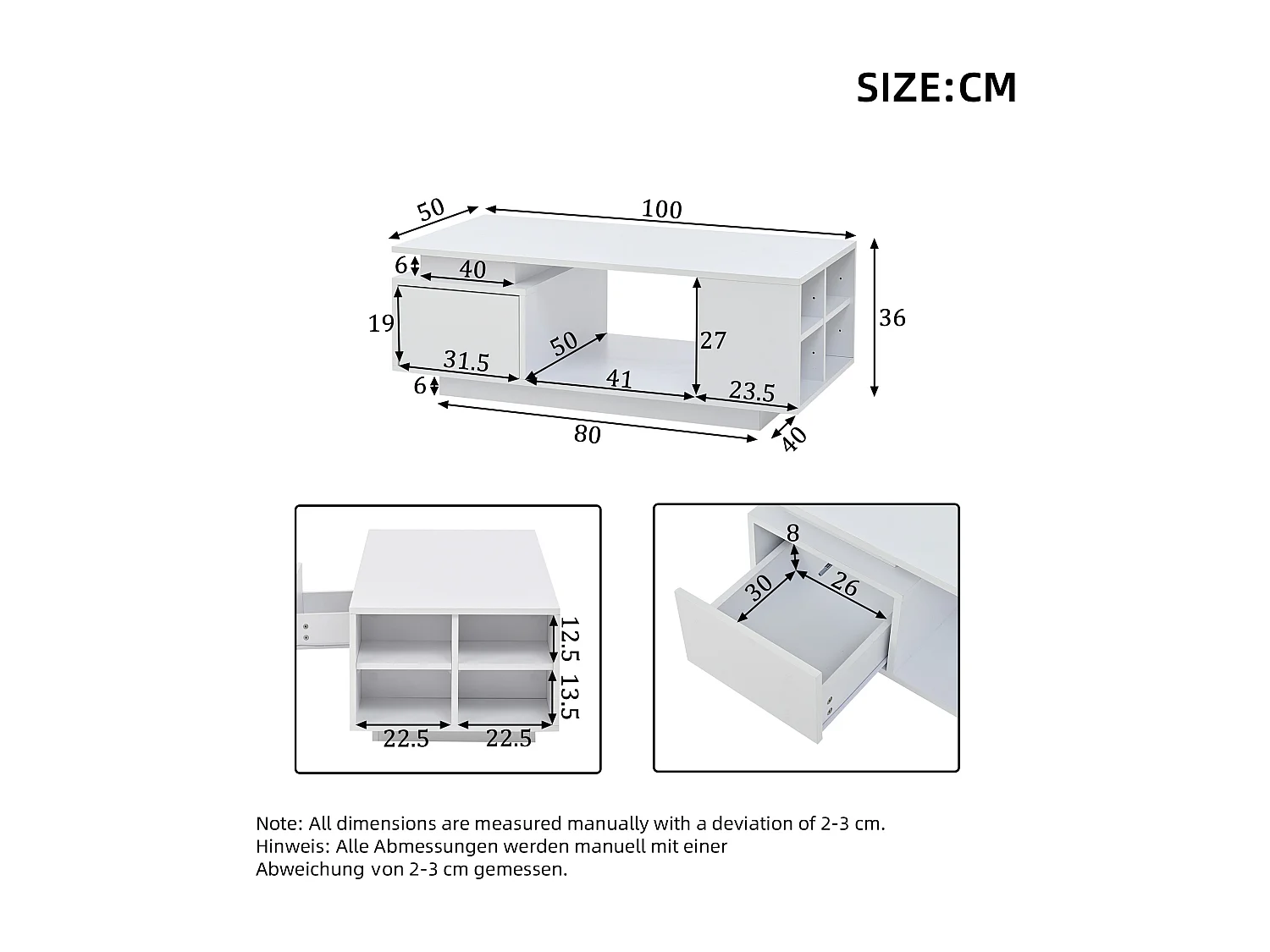 Hochglänzender lackierter Couchtisch 100x50x36 cm - mit LED-Beleuchtung - mit 1 Schublade - mit 4 Staufächern - Weiß