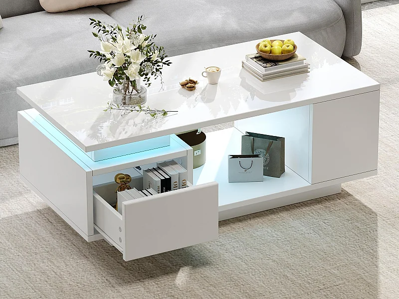 Hochglänzender lackierter Couchtisch 100x50x36 cm - mit LED-Beleuchtung - mit 1 Schublade - mit 4 Staufächern - Weiß