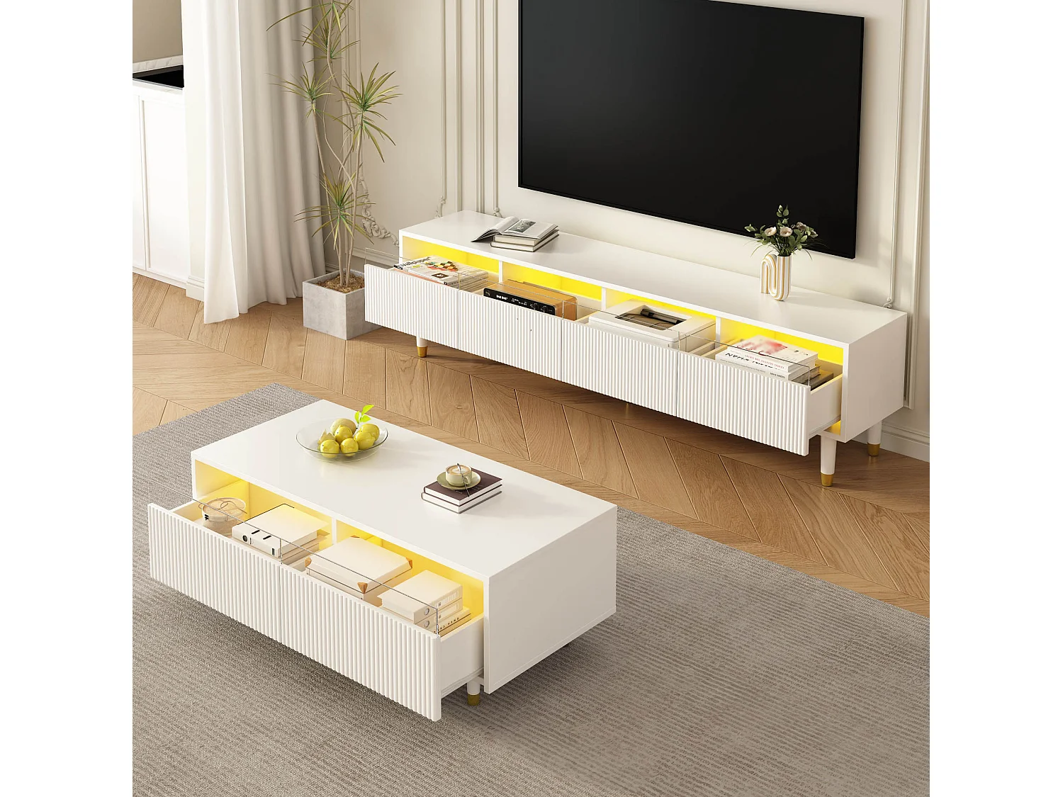 Ensemble de meuble TV et table basse - LED et tiroirs - Façades en acrylique - Blanc