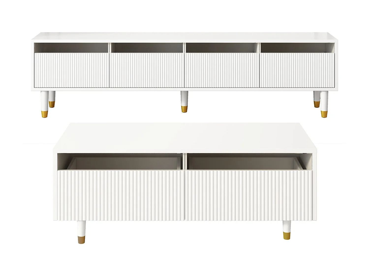 Ensemble de meuble TV et table basse - LED et tiroirs - Façades en acrylique - Blanc