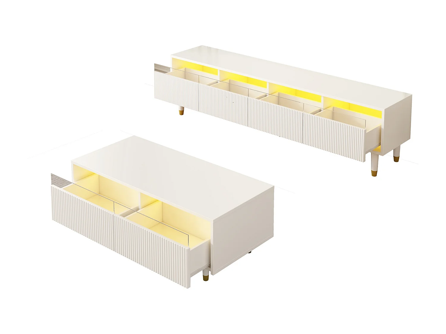 Ensemble de meuble TV et table basse - LED et tiroirs - Façades en acrylique - Blanc