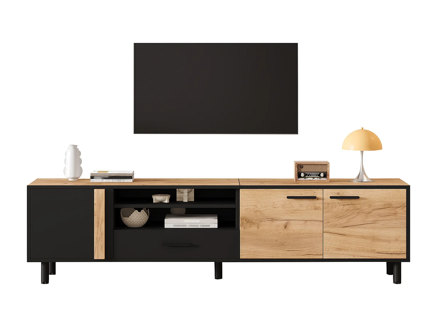 TV-Schrank 180x32.5x50 cm - 3 Türen und 1 Schublade - Halboffene Ablage - Spanplatten - Schwarz und natur