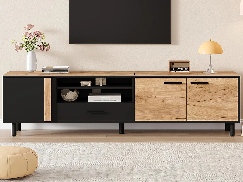 TV-Schrank 180x32.5x50 cm - 3 Türen und 1 Schublade - Halboffene Ablage - Spanplatten - Schwarz und natur