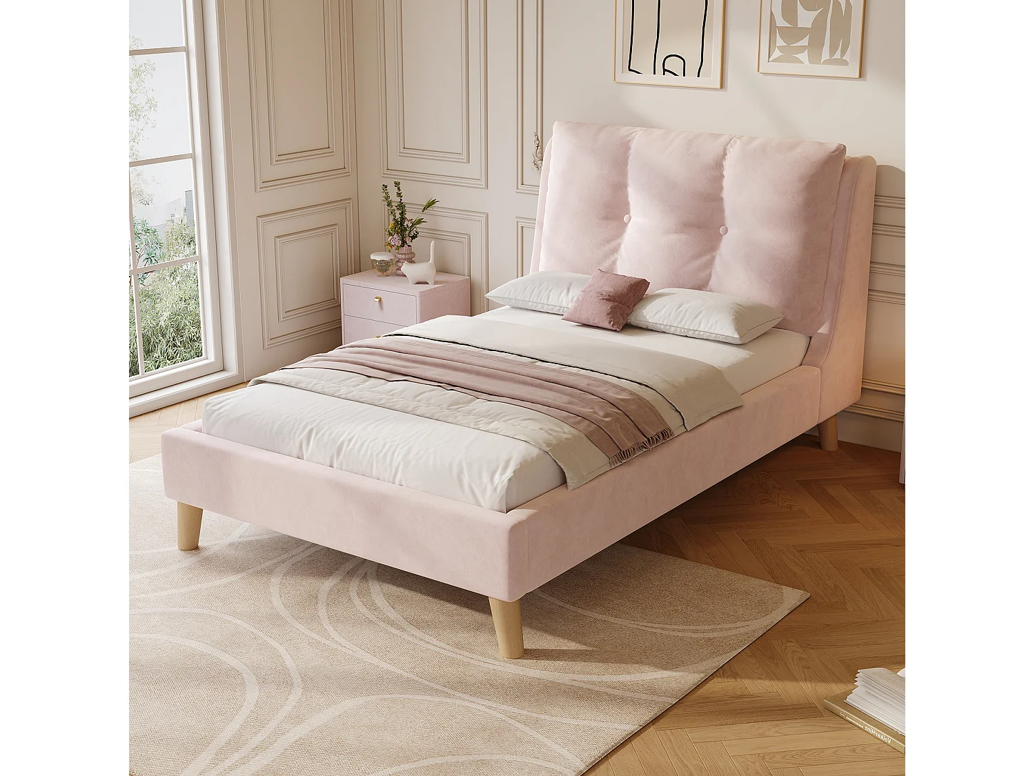 Lit capitonné pour enfant - 90 x 200 cm - avec sommier à lattes + tête de lit - pieds en bois massif - velours - rose