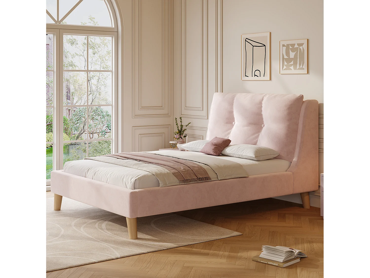 Lit capitonné pour enfant - 90 x 200 cm - avec sommier à lattes + tête de lit - pieds en bois massif - velours - rose
