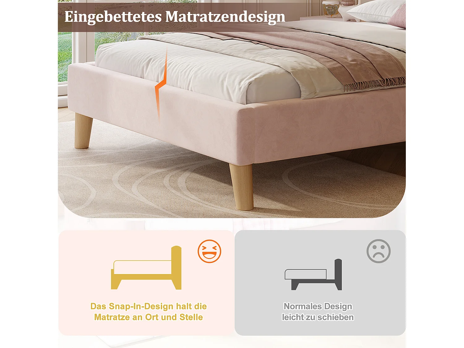 Lit capitonné pour enfant - 90 x 200 cm - avec sommier à lattes + tête de lit - pieds en bois massif - velours - rose