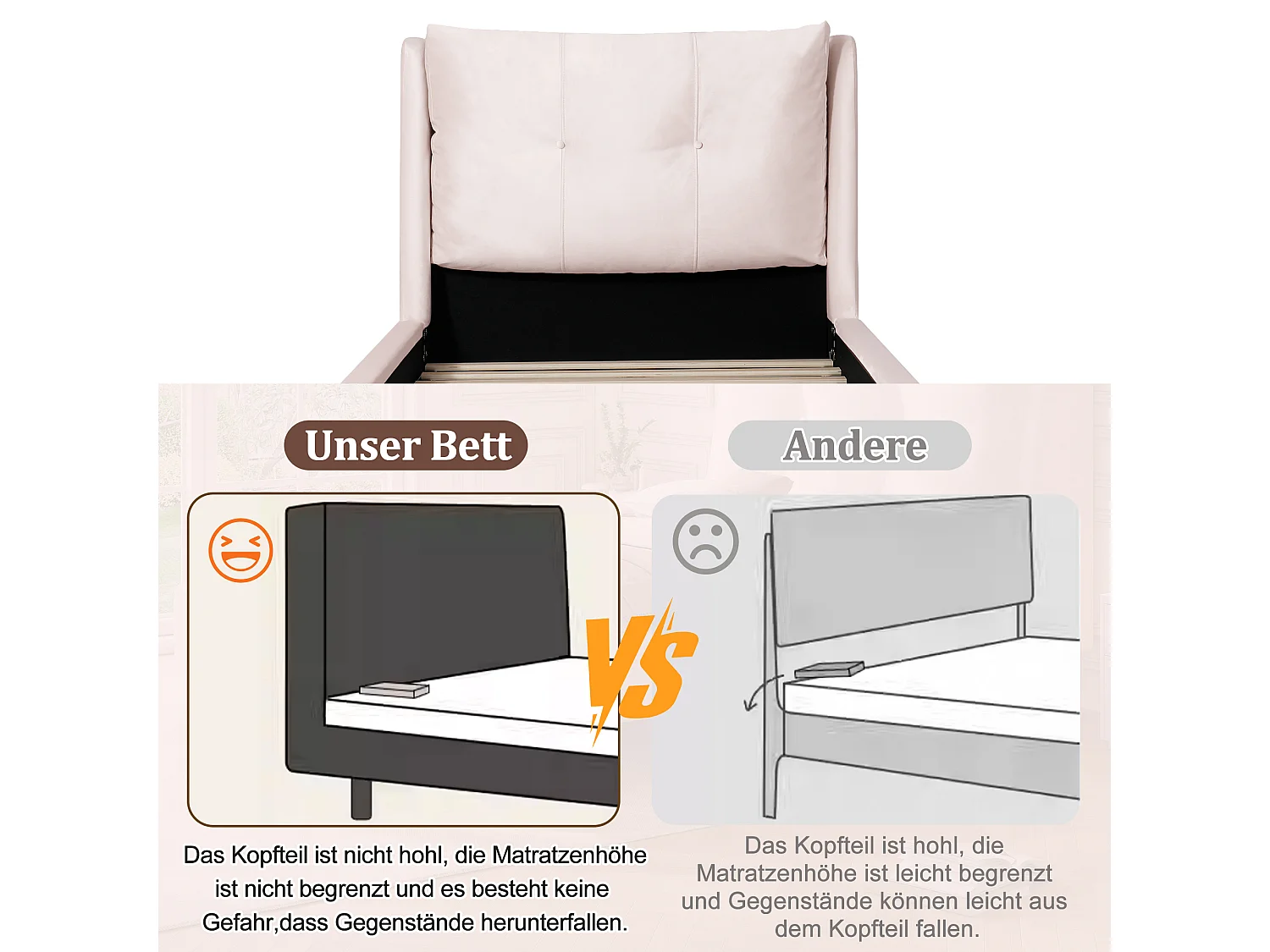 Lit capitonné pour enfant - 90 x 200 cm - avec sommier à lattes + tête de lit - pieds en bois massif - velours - rose