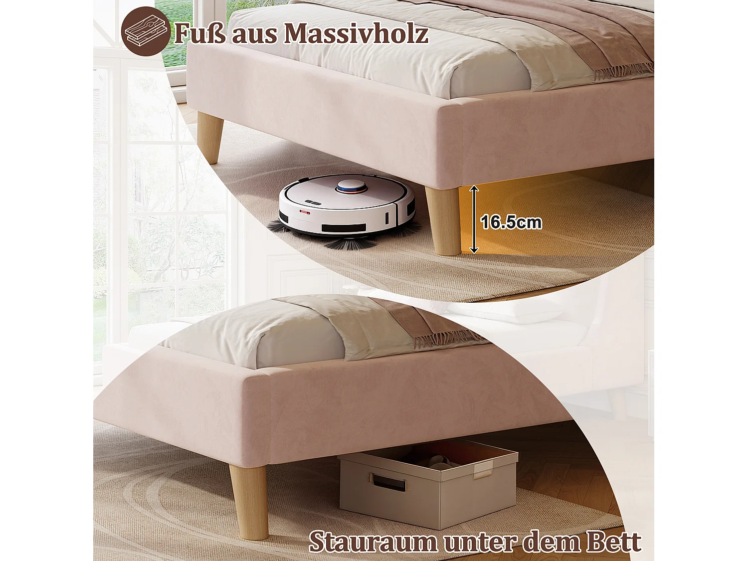 Lit capitonné pour enfant - 90 x 200 cm - avec sommier à lattes + tête de lit - pieds en bois massif - velours - rose