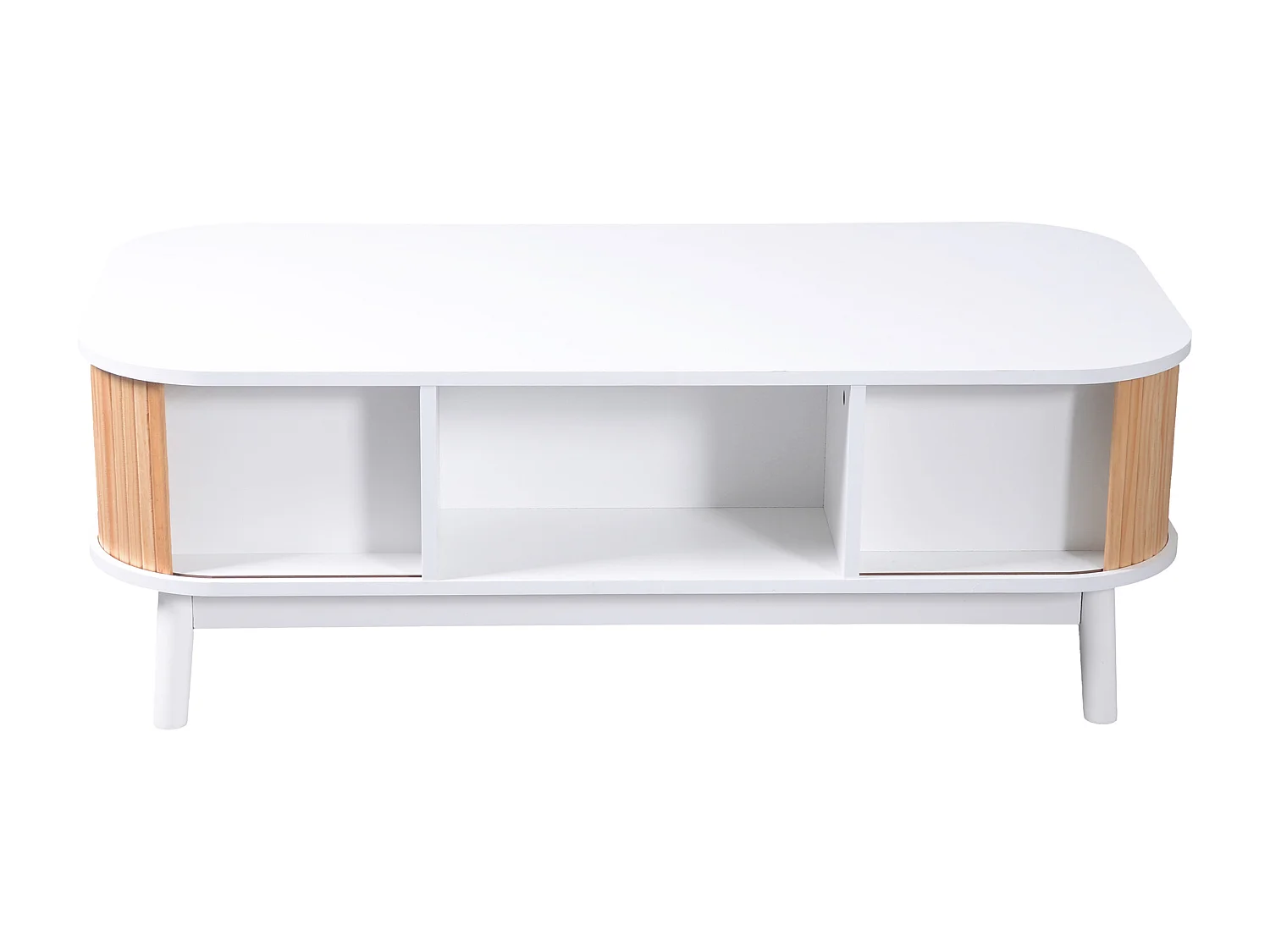 Table basse en rotin - Tiroir et 2 portes coulissantes - Blanc et naturel clair