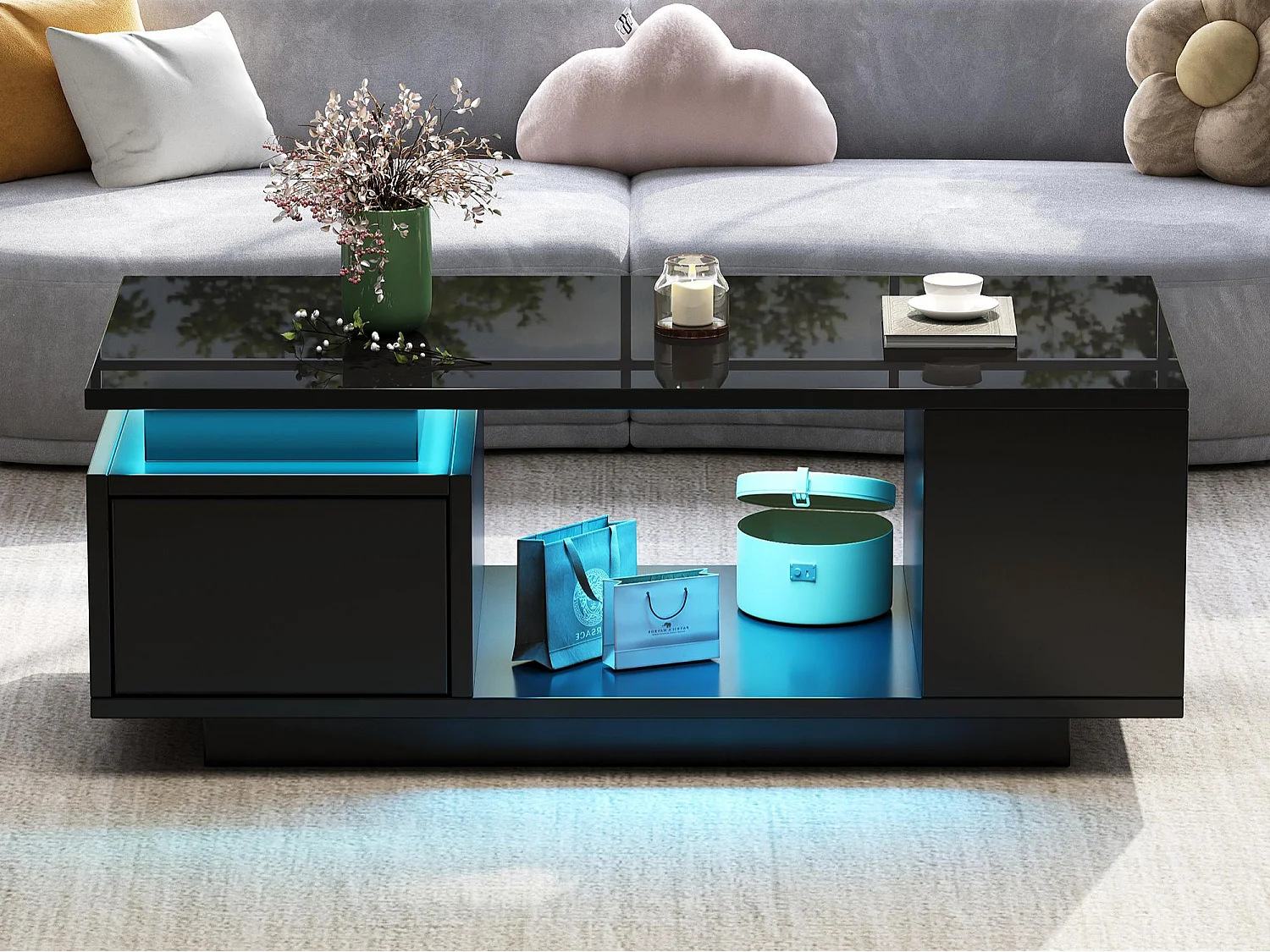 Hochglänzender lackierter Couchtisch 100x50x36 cm - mit LED-Beleuchtung - mit 1 Schublade - mit 4 Staufächern - Schwarz