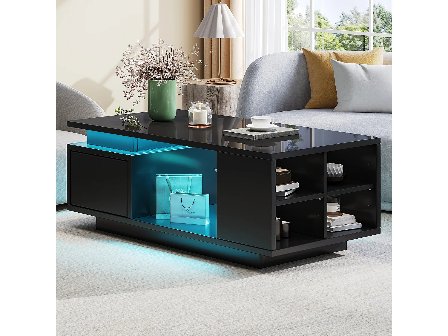 Hochglänzender lackierter Couchtisch 100x50x36 cm - mit LED-Beleuchtung - mit 1 Schublade - mit 4 Staufächern - Schwarz