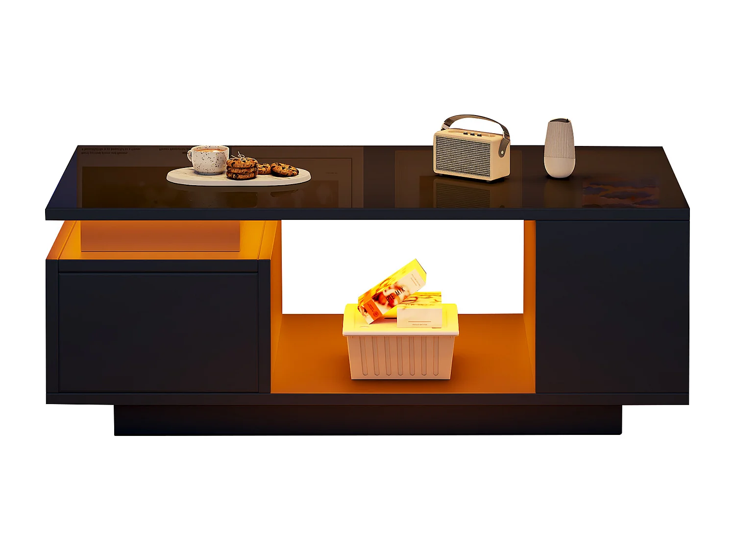 Hochglänzender lackierter Couchtisch 100x50x36 cm - mit LED-Beleuchtung - mit 1 Schublade - mit 4 Staufächern - Schwarz