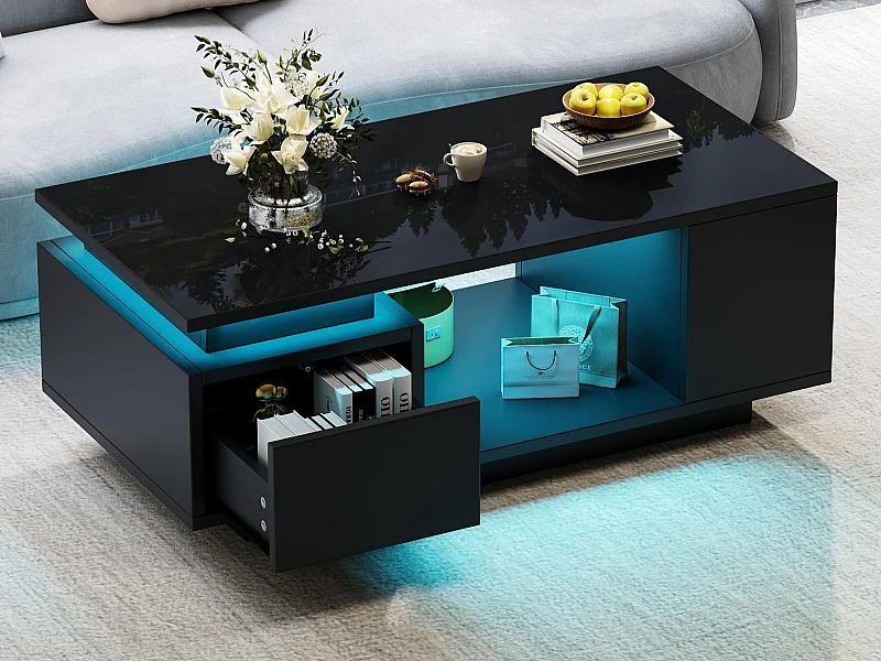 Hochglänzender lackierter Couchtisch 100x50x36 cm - mit LED-Beleuchtung - mit 1 Schublade - mit 4 Staufächern - Schwarz