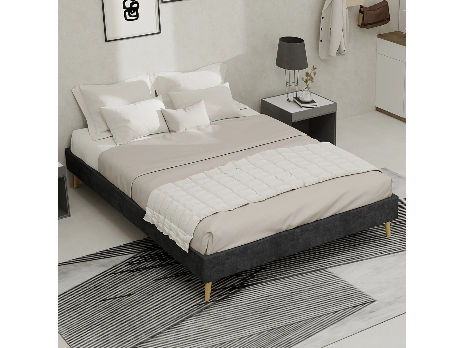 Lit adulte 140x200cm en velours - Sans tête de lit - Gris