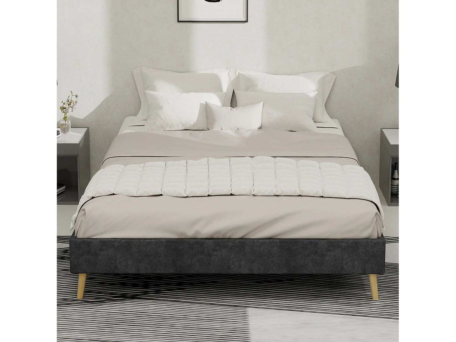 Lit adulte 140x200cm en velours - Sans tête de lit - Gris