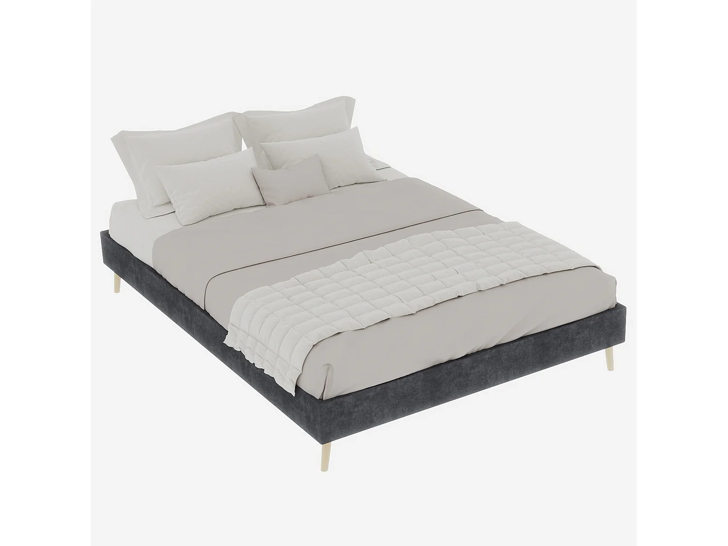 Lit adulte 140x200cm en velours - Sans tête de lit - Gris