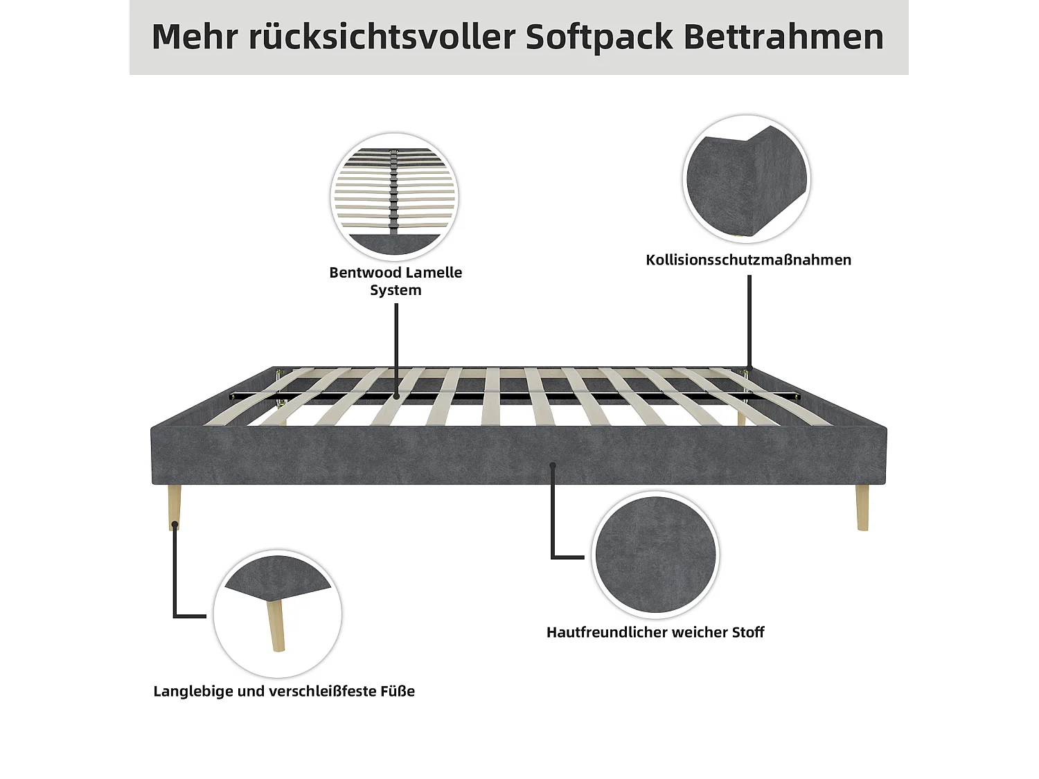 Lit adulte 140x200cm en velours - Sans tête de lit - Gris