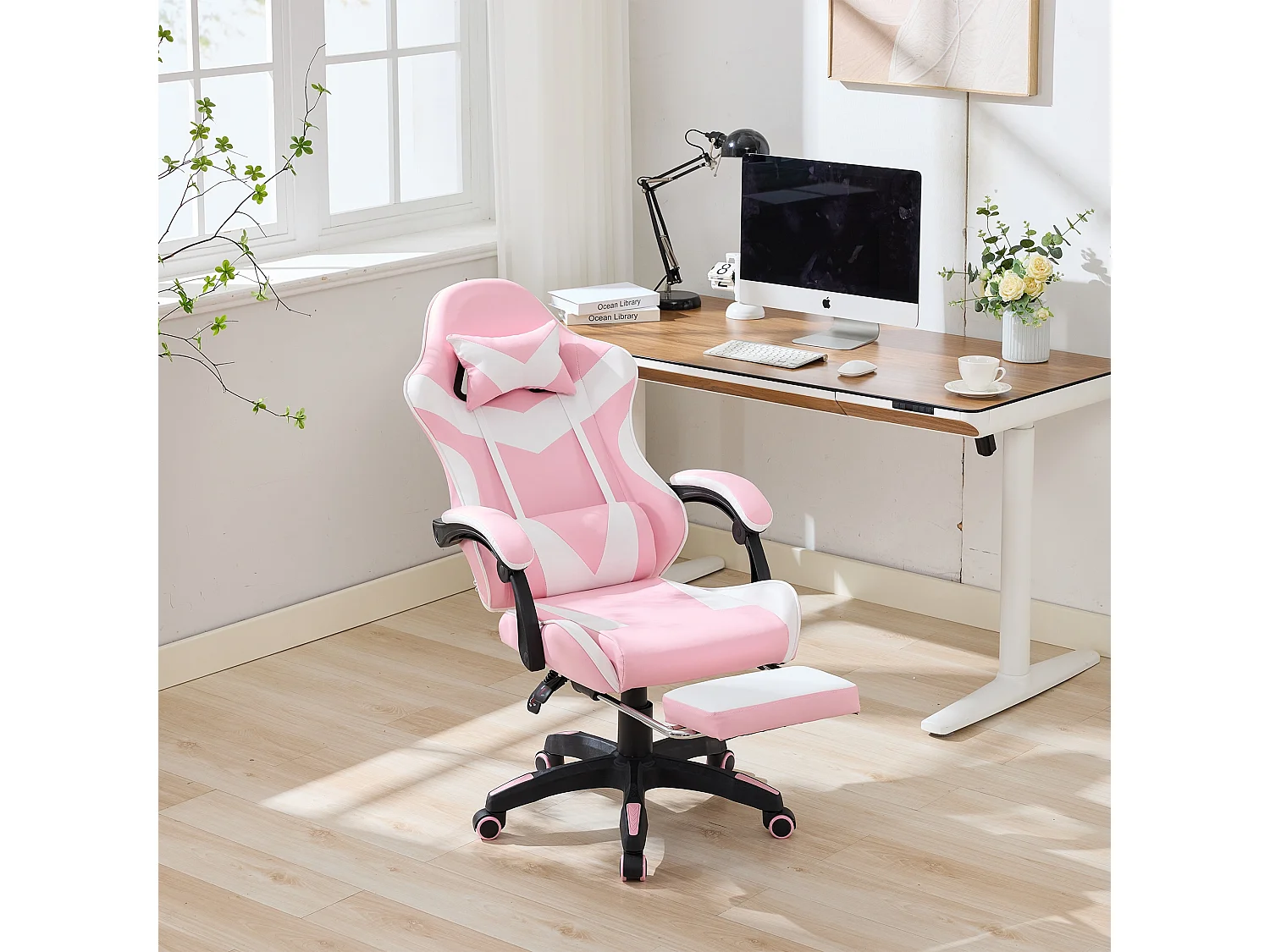 Fauteuil de bureau pivotant Massant en similicuir - Réglable en hauteur - Rose et blanc