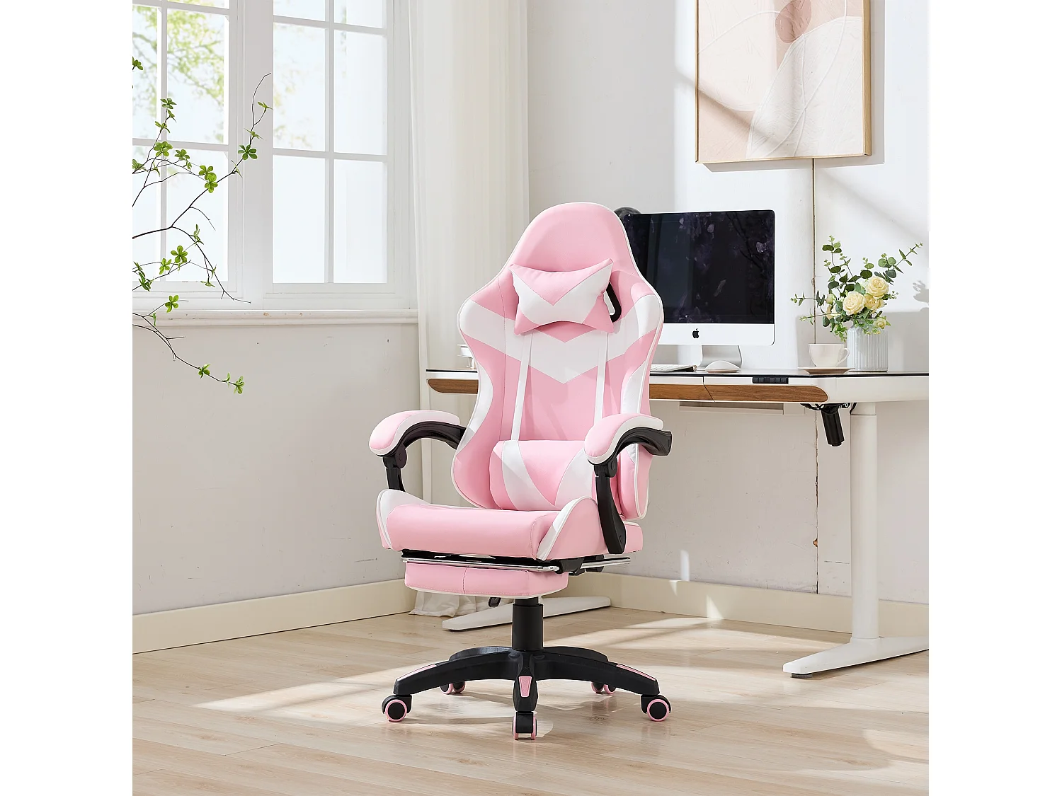 Fauteuil de bureau pivotant Massant en similicuir - Réglable en hauteur - Rose et blanc