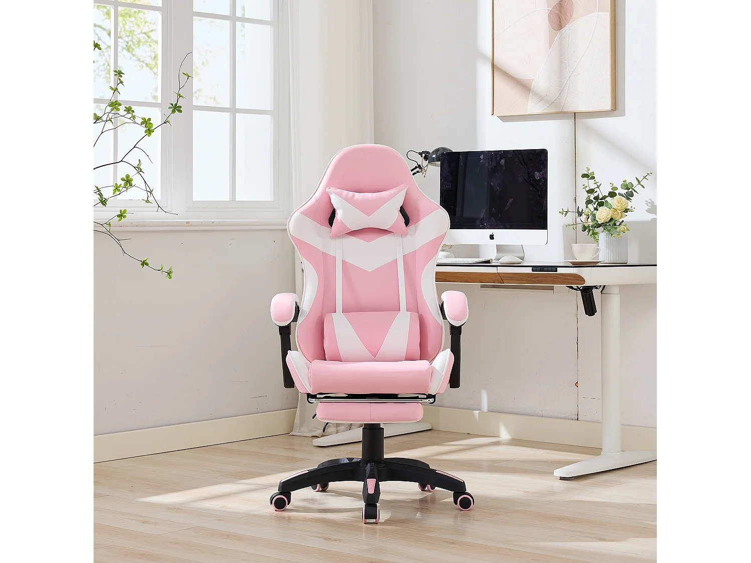 Fauteuil de bureau pivotant Massant en similicuir - Réglable en hauteur - Rose et blanc