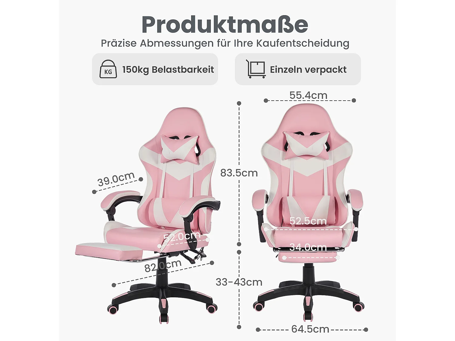 Fauteuil de bureau pivotant Massant en similicuir - Réglable en hauteur - Rose et blanc