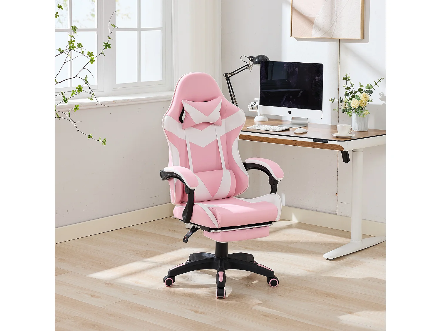 Fauteuil de bureau pivotant Massant en similicuir - Réglable en hauteur - Rose et blanc