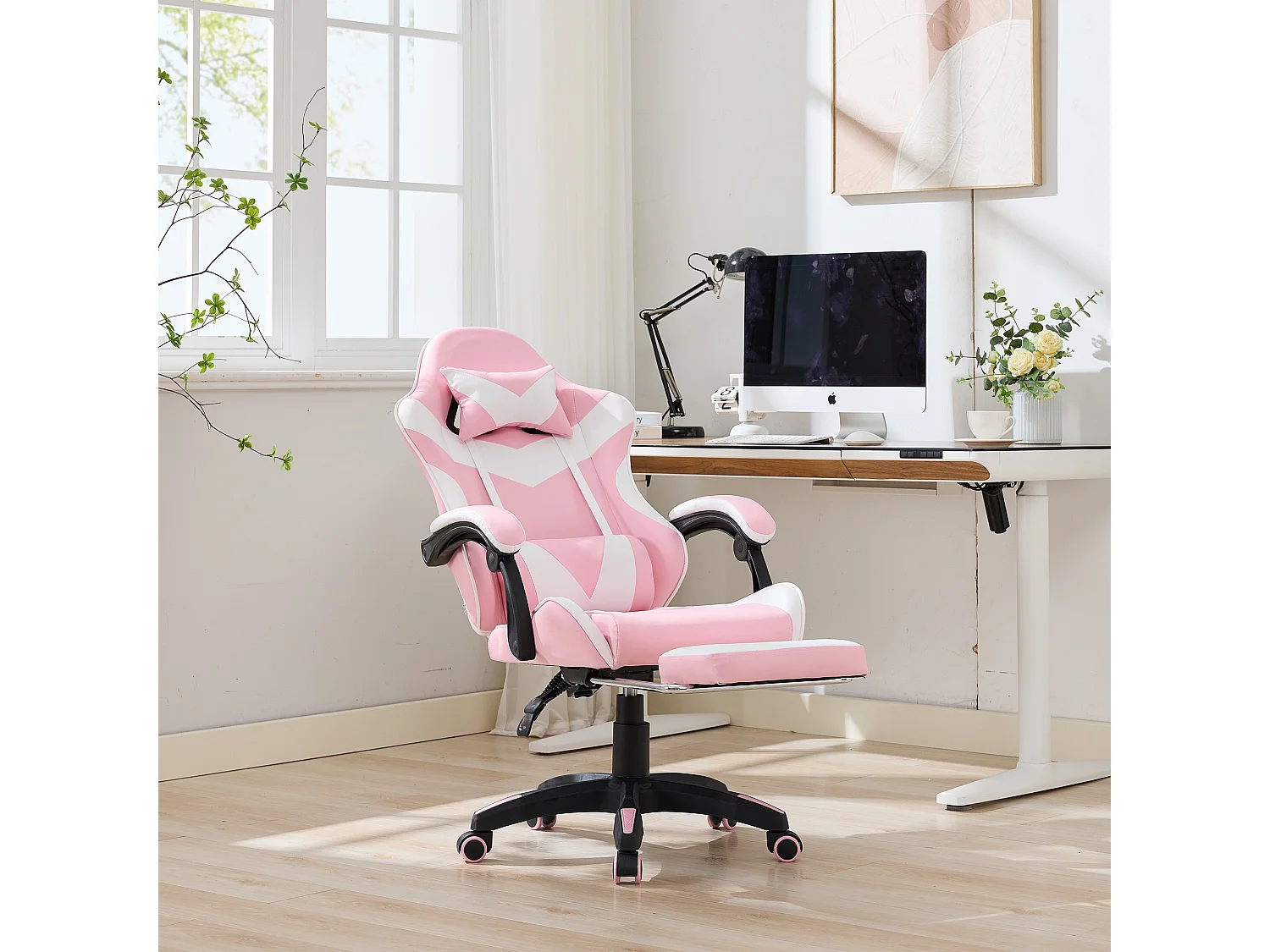 Fauteuil de bureau pivotant Massant en similicuir - Réglable en hauteur - Rose et blanc