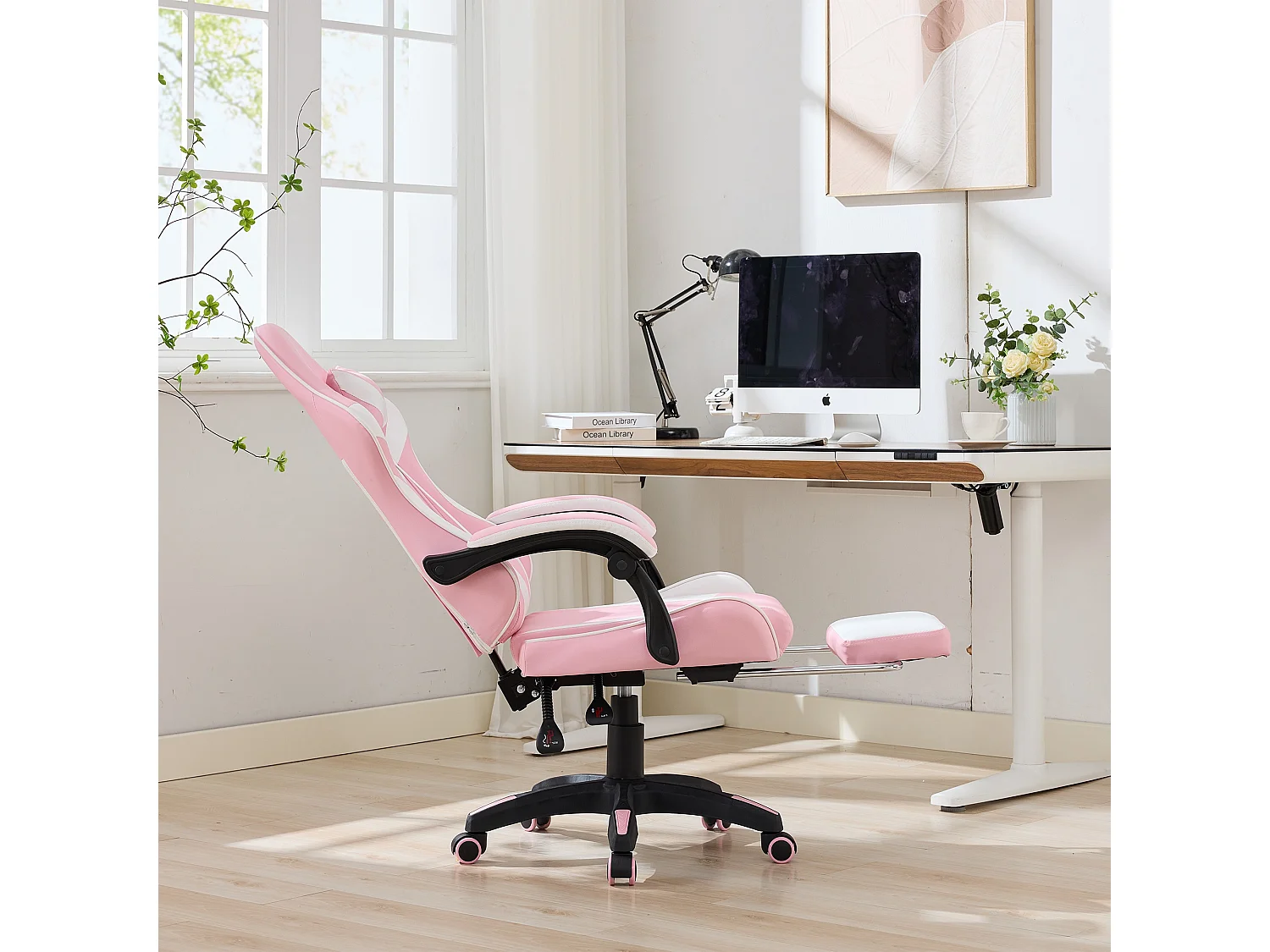 Fauteuil de bureau pivotant Massant en similicuir - Réglable en hauteur - Rose et blanc