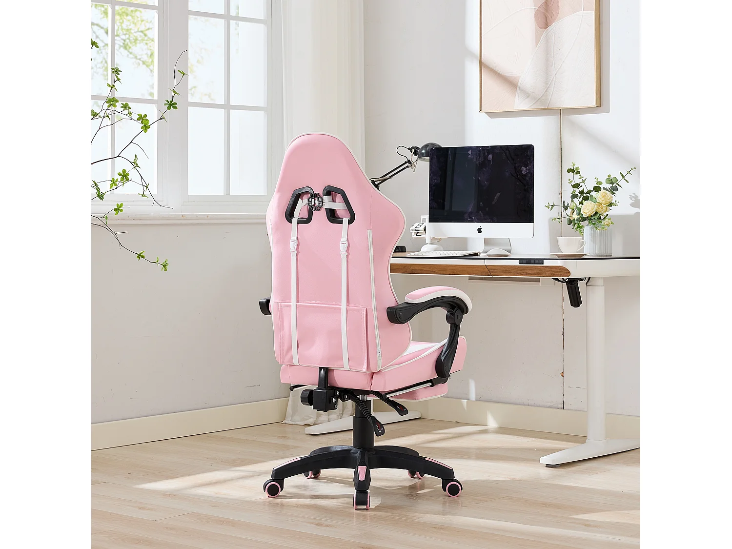 Fauteuil de bureau pivotant Massant en similicuir - Réglable en hauteur - Rose et blanc