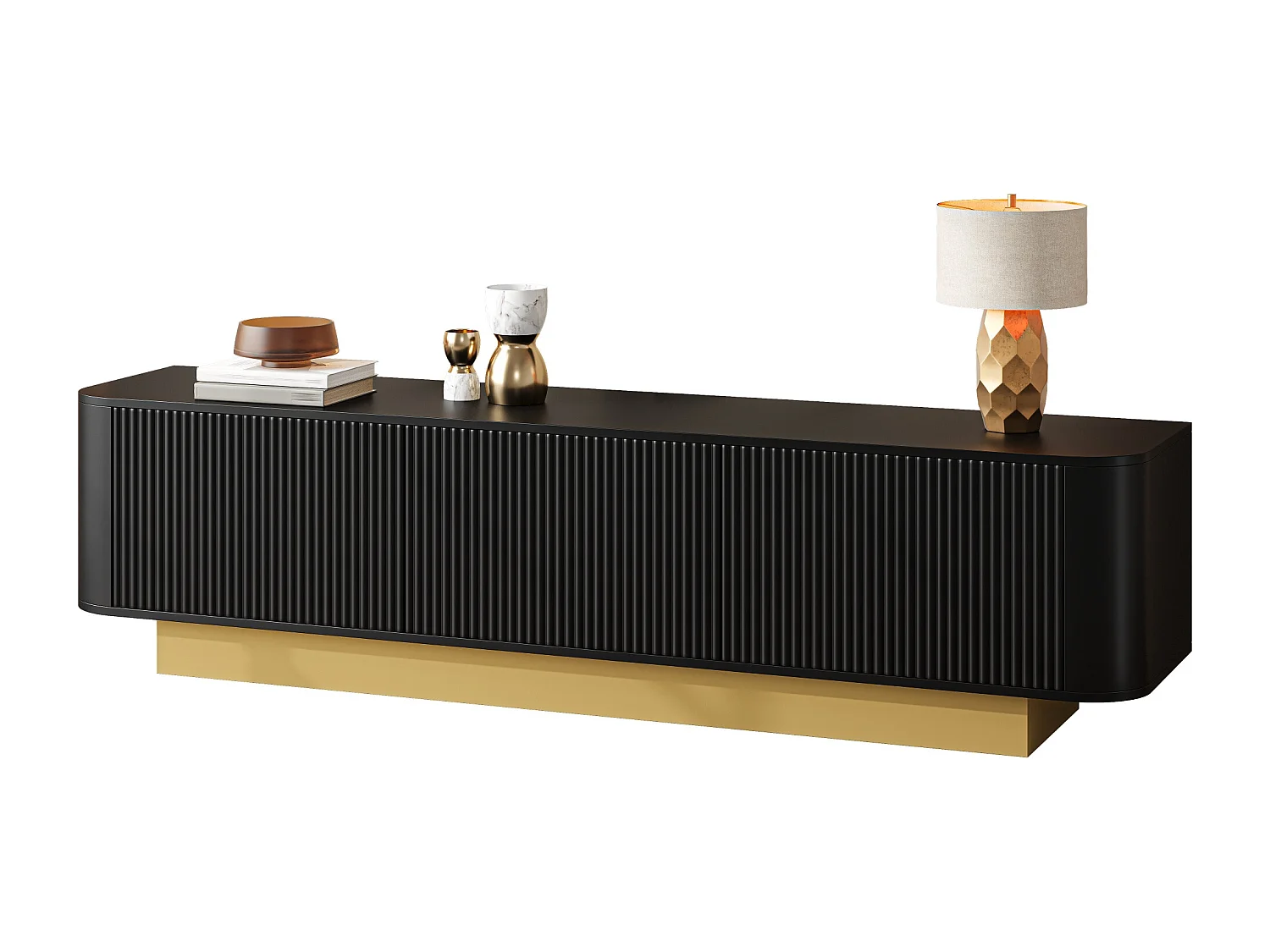 Meuble TV moderne - 170 x 40.5 x 47 cm - avec 3 portes - façade texturée - MDF + aggloméré - noir