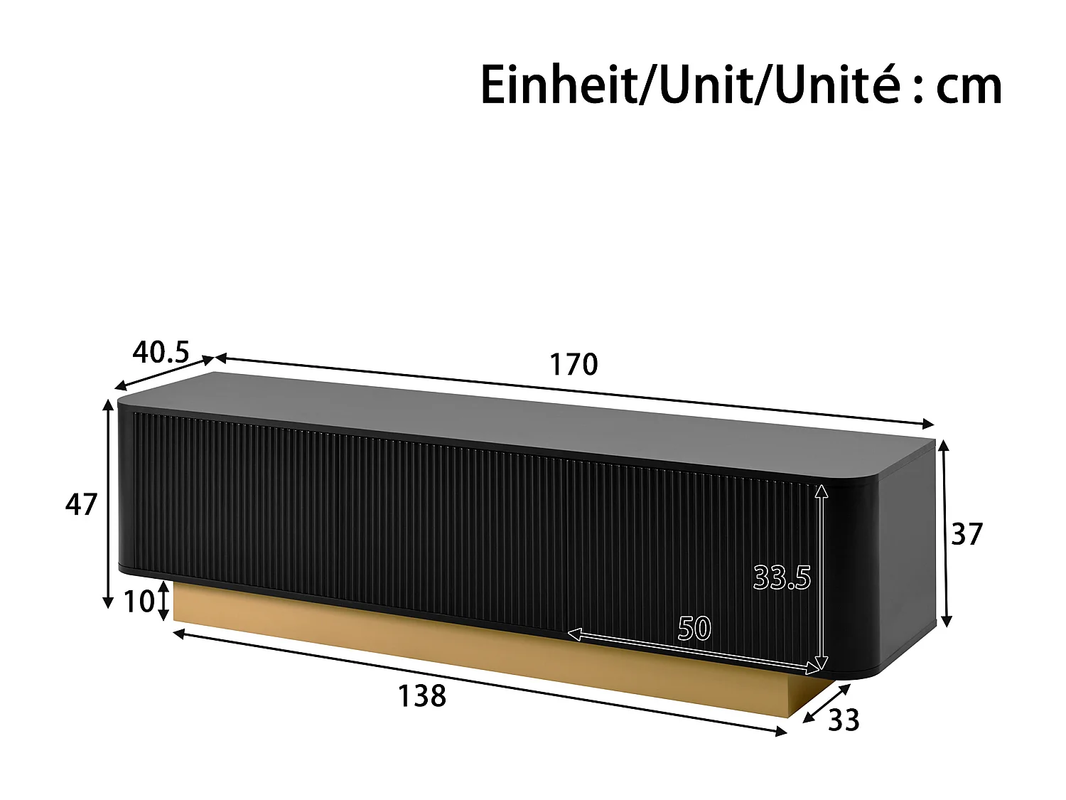 Meuble TV moderne - 170 x 40.5 x 47 cm - avec 3 portes - façade texturée - MDF + aggloméré - noir