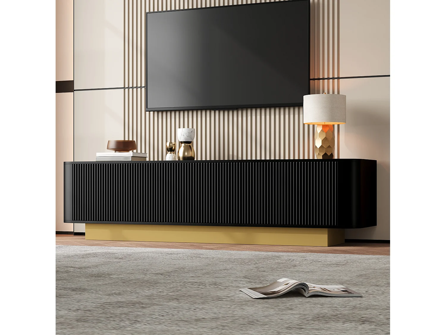 Meuble TV moderne - 170 x 40.5 x 47 cm - avec 3 portes - façade texturée - MDF + aggloméré - noir
