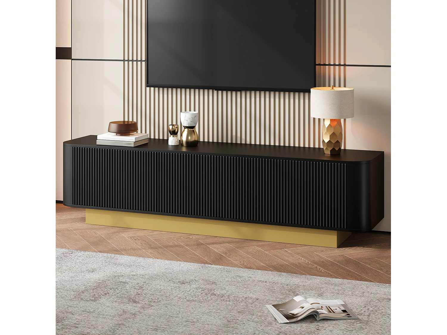 Meuble TV moderne - 170 x 40.5 x 47 cm - avec 3 portes - façade texturée - MDF + aggloméré - noir