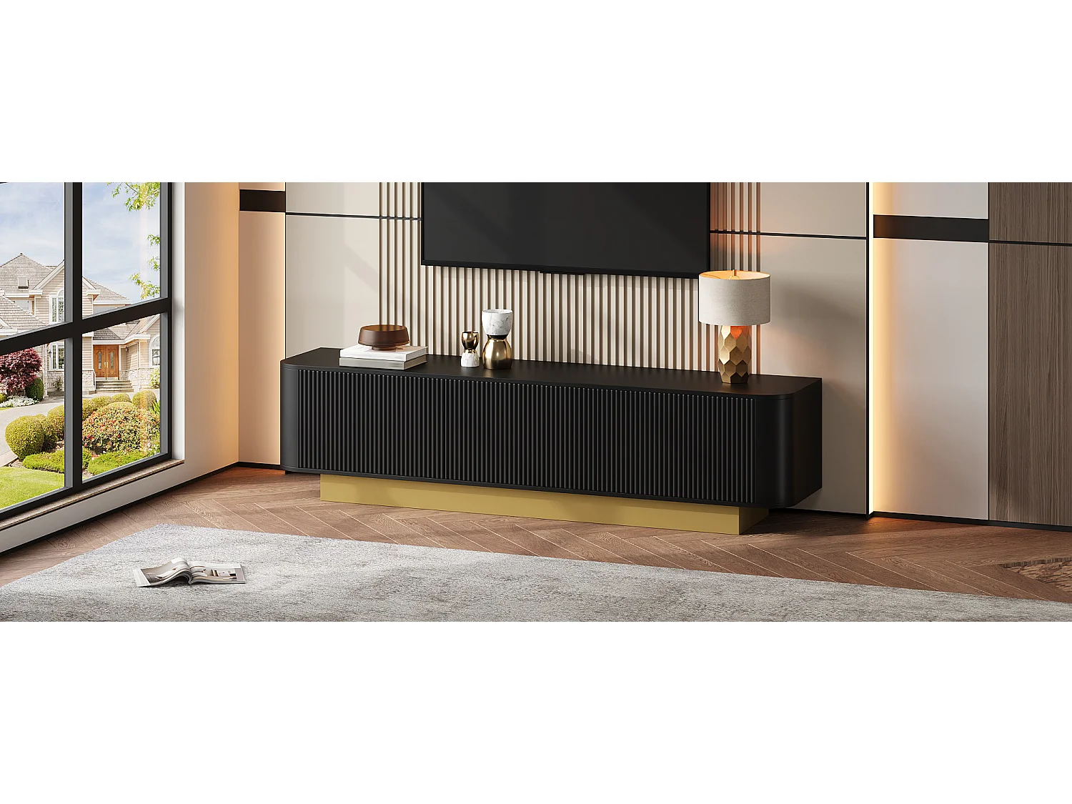 Meuble TV moderne - 170 x 40.5 x 47 cm - avec 3 portes - façade texturée - MDF + aggloméré - noir