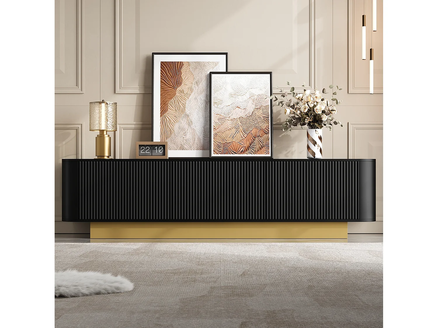 Meuble TV moderne - 170 x 40.5 x 47 cm - avec 3 portes - façade texturée - MDF + aggloméré - noir