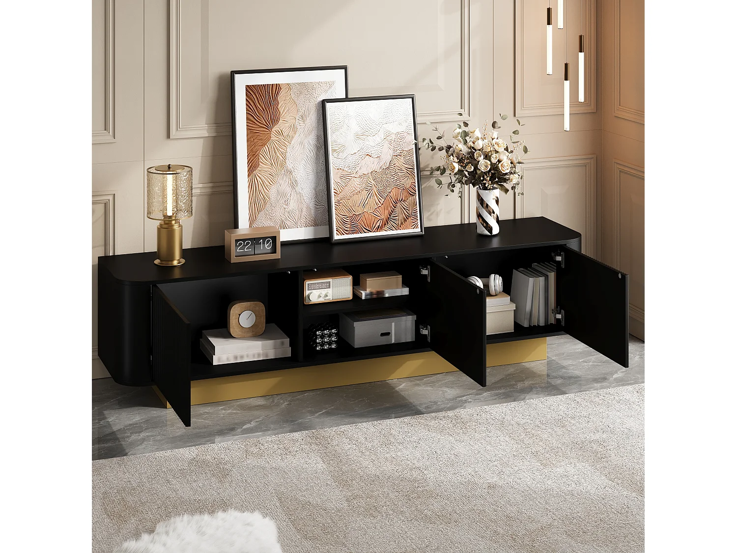 Meuble TV moderne - 170 x 40.5 x 47 cm - avec 3 portes - façade texturée - MDF + aggloméré - noir