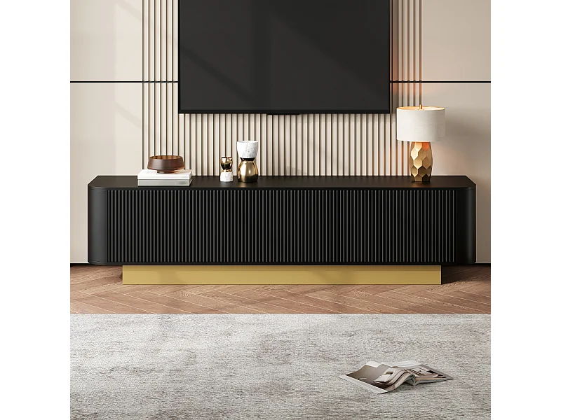 Meuble TV moderne - 170 x 40.5 x 47 cm - avec 3 portes - façade texturée - MDF + aggloméré - noir