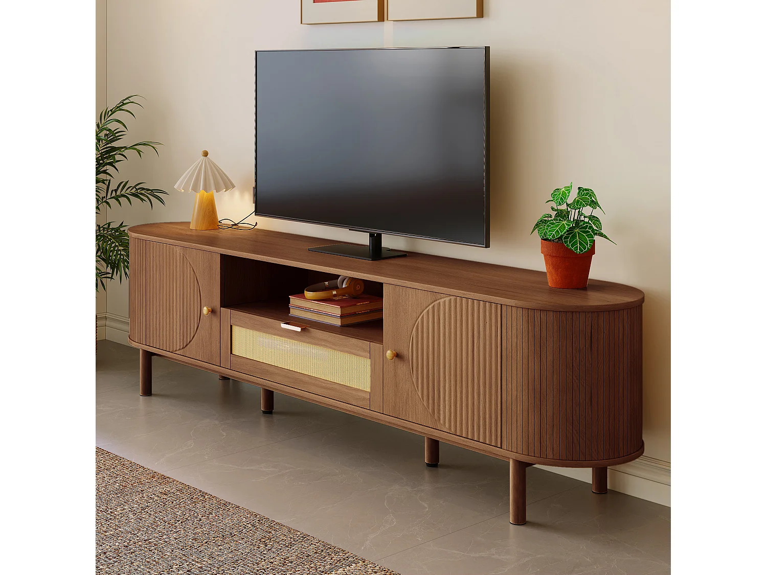 Moderner TV-Schrank 175x36x51 cm - 1 Schublade aus Rattan und 2 Türen - Offene Regale - Braun