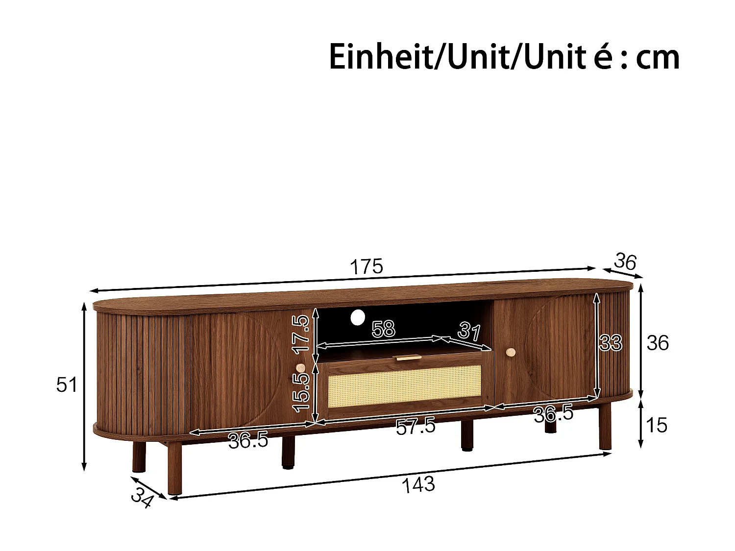 Moderner TV-Schrank 175x36x51 cm - 1 Schublade aus Rattan und 2 Türen - Offene Regale - Braun