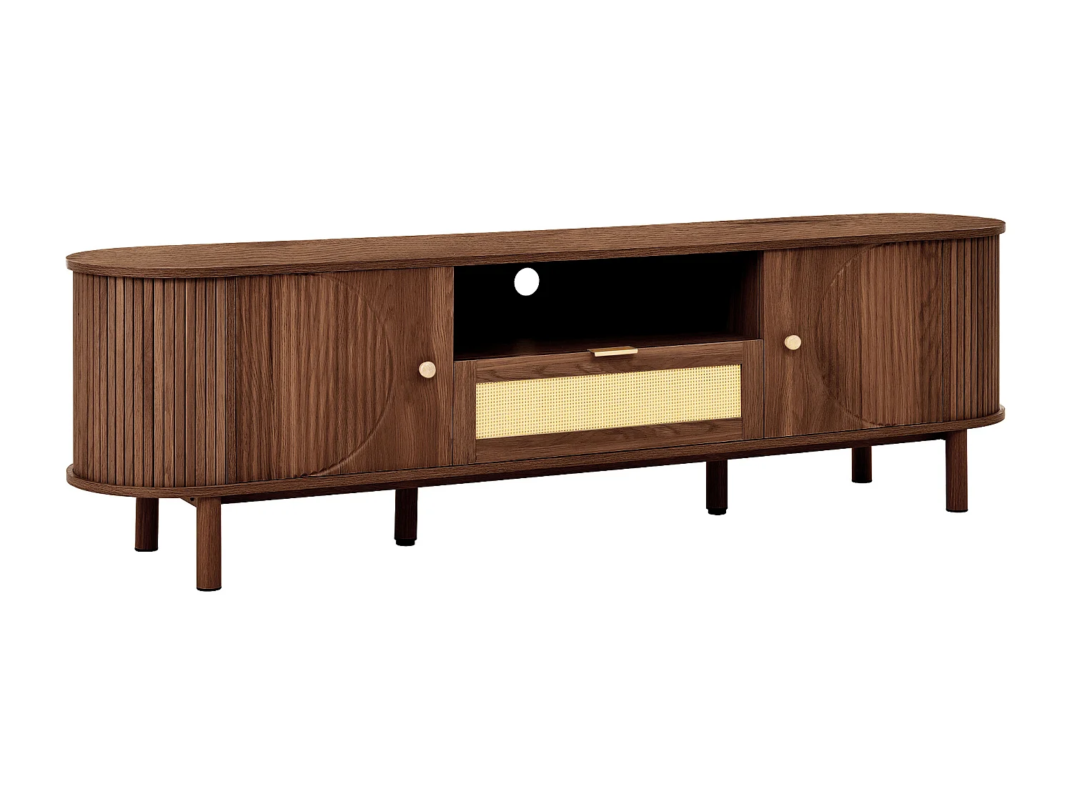 Moderner TV-Schrank 175x36x51 cm - 1 Schublade aus Rattan und 2 Türen - Offene Regale - Braun