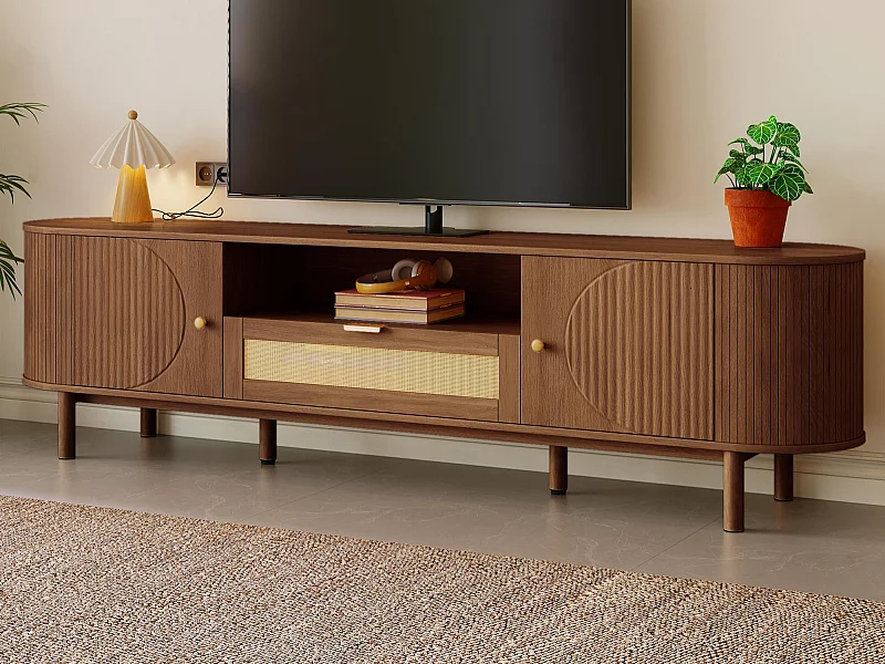 Moderner TV-Schrank 175x36x51 cm - 1 Schublade aus Rattan und 2 Türen - Offene Regale - Braun