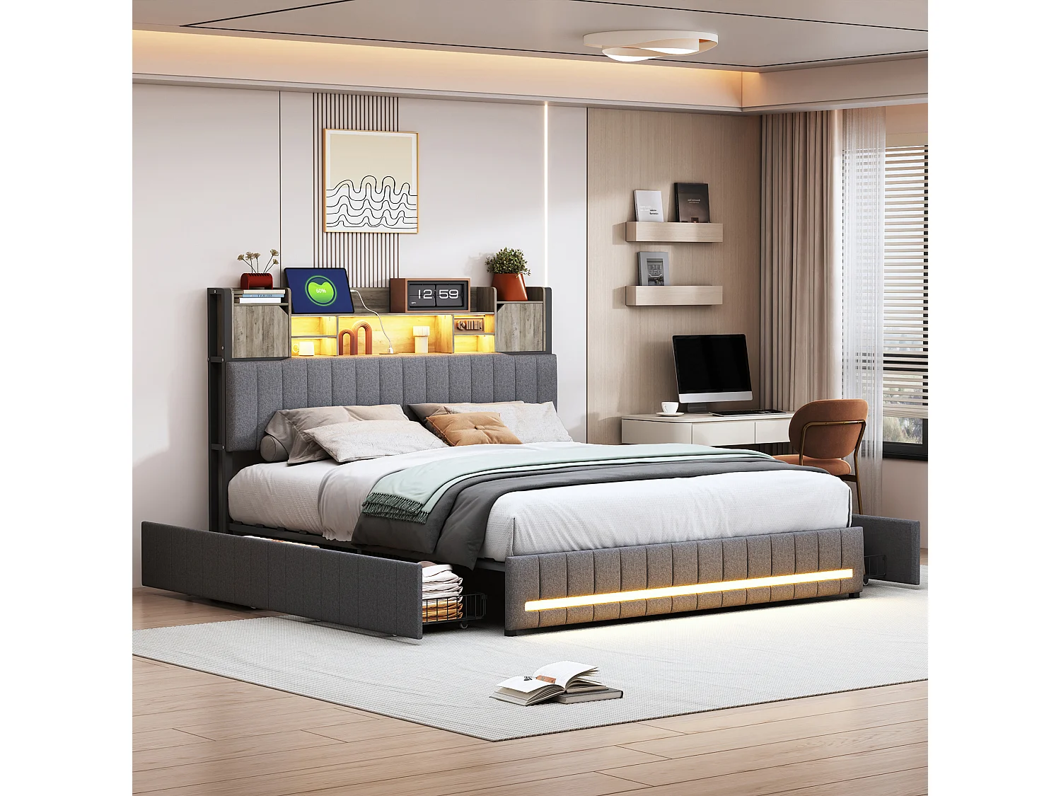 Lit double 140x190 cm avec éclairage LED et ports USB - tête de lit avec rangement - 4 tiroirs - lin - gris