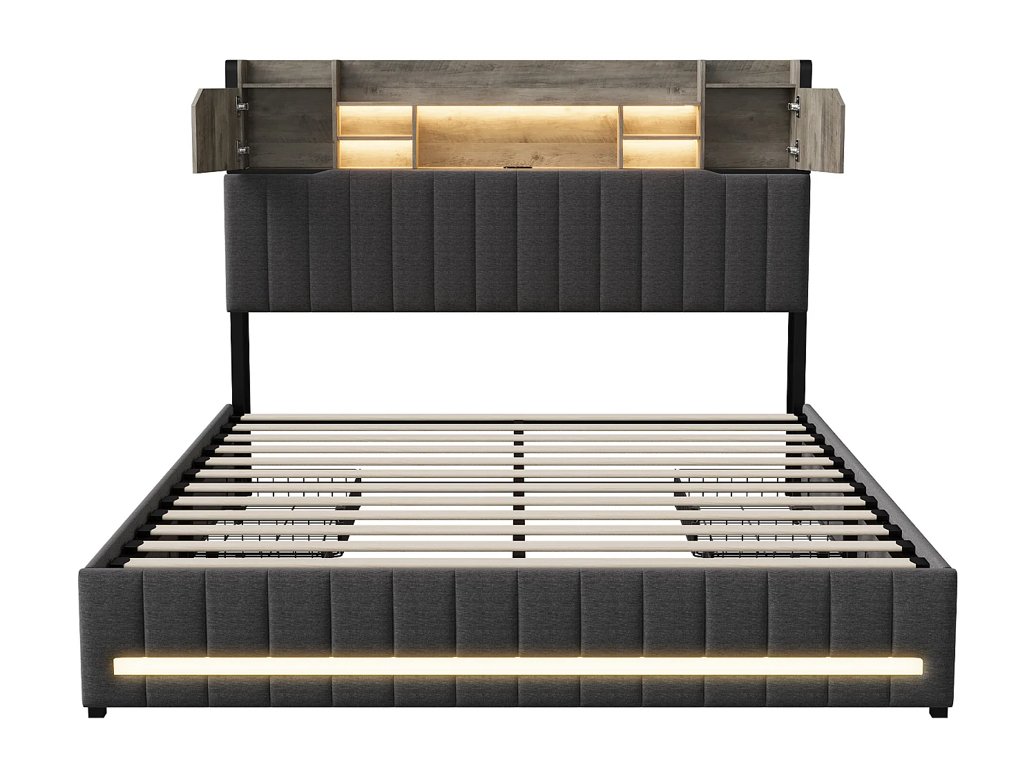 Lit double 140x190 cm avec éclairage LED et ports USB - tête de lit avec rangement - 4 tiroirs - lin - gris