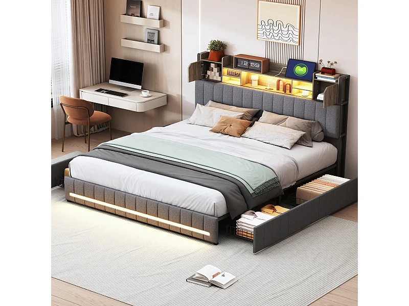 Lit double 140x190 cm avec éclairage LED et ports USB - tête de lit avec rangement - 4 tiroirs - lin - gris